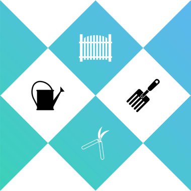 Su bidonunu, bahçe makaslarını, çitleri ve çatal simgesini hazırlayın. Vektör.