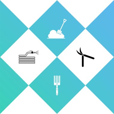 Bahçe hortumunu ya da yangın hortumunu, çatalı, küreği yere bırakın ve bahçe yapımı el yapımı makas simgesini. Vektör.