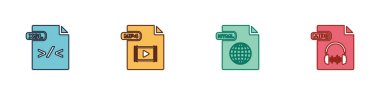 XSL dosya belgesi, MP4, HTML ve MP3 simgesini ayarla. Vektör.
