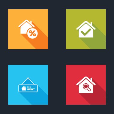 House 'u perkant, onay işareti, Kira ve Arama Evi simgesi için asma işareti ile ayarla. Vektör.