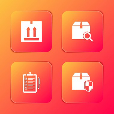 Karton kutucuğu trafik, arama paketi, teslimat listesinin doğrulanması ve teslimat güvenlik kalkanı simgesi ile ayarla. Vektör.