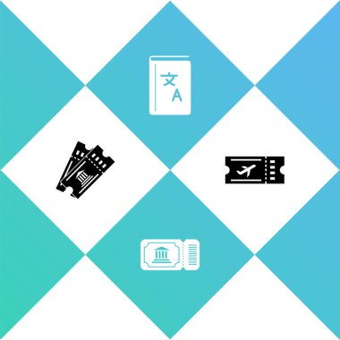 Müze biletini, tercüman kitabını ve havayolu simgesini ayarla. Vektör.