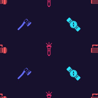 Pusula, tahta balta, el feneri ve kusursuz desen ayarlayın. Vektör.