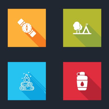 Pusula, bayraklı turist çadırı, Kamp ateşi ve kantin su şişesi ikonu. Vektör.