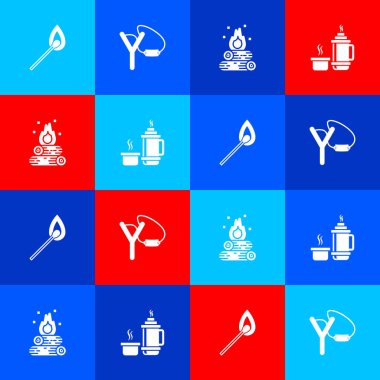 Yanan kibriti ateşle, sapanla, kamp ateşiyle ve termos konteynır ikonuyla ayarla. Vektör.