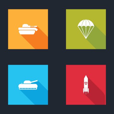 Askeri tank, Paraşüt ve Nükleer Roket ikonunu hazırlayın. Vektör.