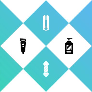 Elektrikli saç makası ya da traş makinesi, klasik berber dükkanı direği, saç maşası ve şampuan ikonu. Vektör.