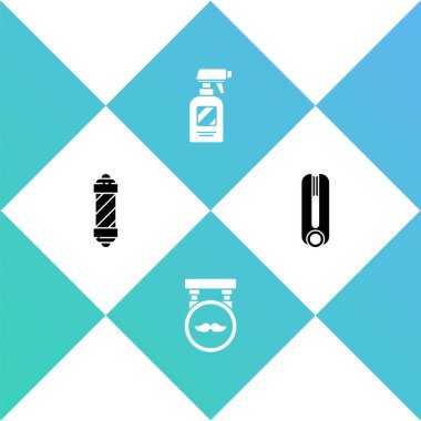 Klasik berber dükkanı direği, berber dükkanı, kuaför tabancası sprey şişesi ve saç ikonu için saç maşası seti. Vektör.