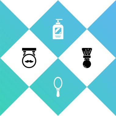 Berber dükkanı, el aynası, şampuan şişesi ve tıraş fırçası ikonu. Vektör.