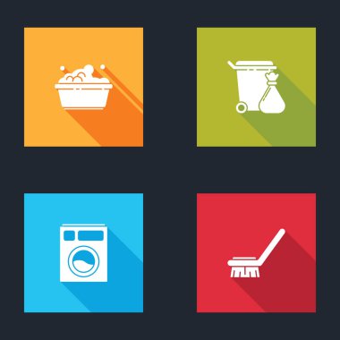 Sabun köpüklü plastik leğen, çöp tenekesi ve çöp torbası, temizlik ikonu olarak da Yıkama ve Fırça. Vektör.