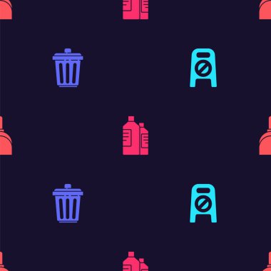 Islak zemini ve temizliği ayarlayın, çöp tenekesi, ajanlar için şişeler ve faraş. Vektör.