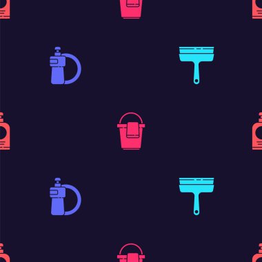 Lastik temizleyiciyi pencereler için hazırla, bulaşık deterjanı şişesi ve tabağı, paçavra ve el dezenfektanını kusursuz desen üzerine koy. Vektör.