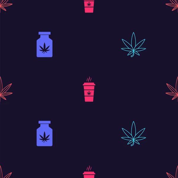 Set Marijuana Feuille Cannabis Bouteille Médicale Avec Marijuana Café Tasse — Image vectorielle