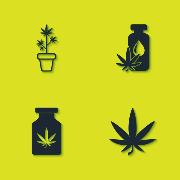 将大麻种植在大麻或大麻叶 医用药瓶与大麻和油图标 — 图库矢量图片