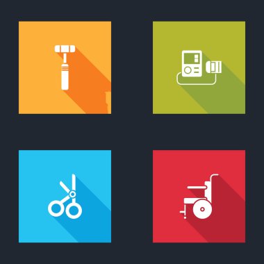 Nöroloji refleks çekicini, kan basıncını, tıbbi makası ve tekerlekli sandalyeyi engelli kişi simgesi için ayarla. Vektör.