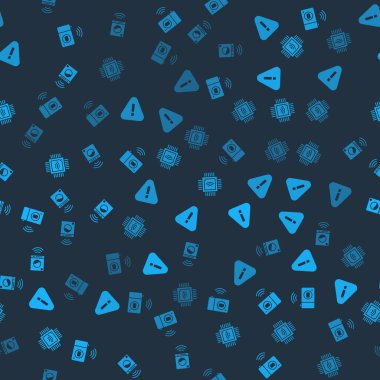 Akıllı fotoğraf makinesini, üçgende ünlem işaretini mikro devreli işlemciyi ve çamaşır makinesini kusursuz desende ayarla. Vektör.