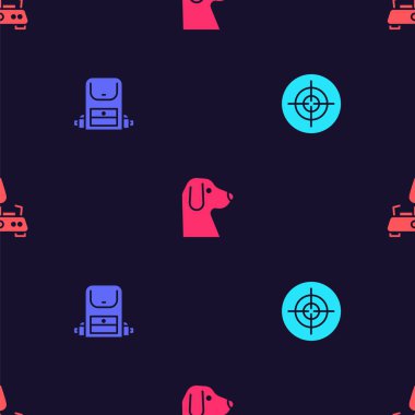 Hedef sporu, yürüyüş sırt çantası, köpek ve kamp gaz sobasını kusursuz şekilde ayarlayın. Vektör.