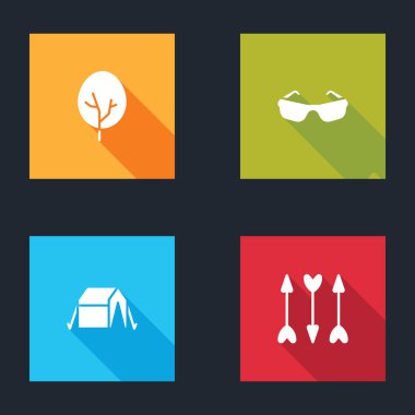 Set Ağacı, Gözlük, Turizm Çadırı ve Hippi okları ikonu. Vektör.