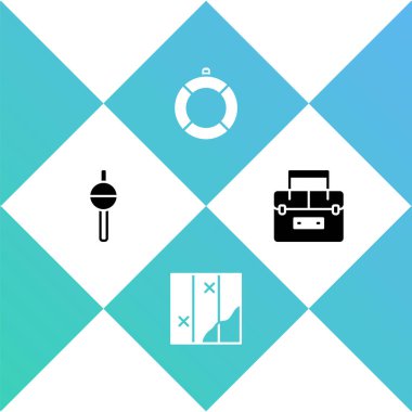 Balıkçılık şamandırası, Katlanmış harita, Lifebuoy ve Case konteynırlarını sallanan simge için ayarla. Vektör.