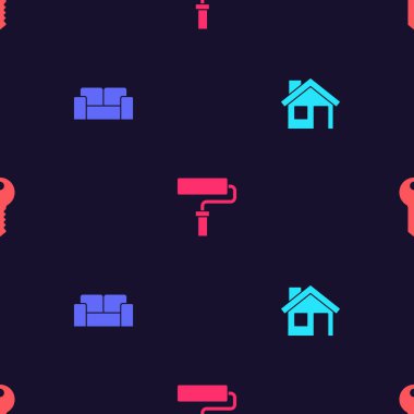 House, Sofa, boya fırçası ve anahtarı kusursuz desene ayarlayın. Vektör.