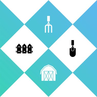 Bahçe çitleri ahşap, çiftlik evi, tırmık ve kürek ya da kürek ikonu koyun. Vektör.