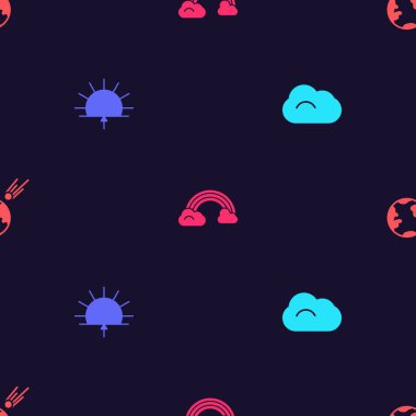 Bulut, Gündoğumu, Bulutlu Gökkuşağı ve Kuyruklu Yıldızı kusursuz bir şekilde yere düşür. Vektör.