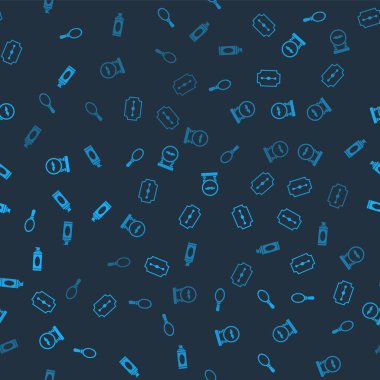 El aynası, bıçak ustura, berber dükkanı ve tıraş jeli köpüğünü pürüzsüz desene ayarla. Vektör.