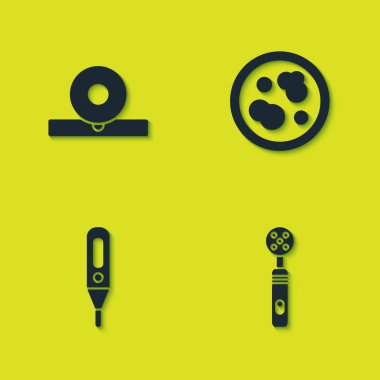 Otolaryngological baş reflektörü, elektrikli diş fırçası, tıbbi dijital termometre ve bakteri ikonlu Petri kabını ayarla. Vektör.