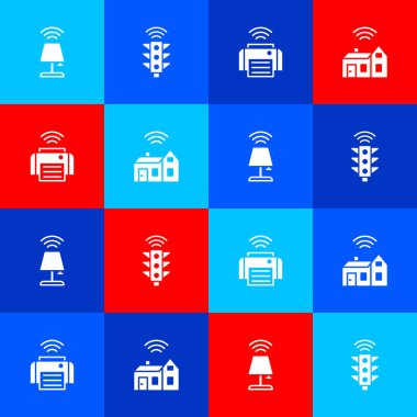 Akıllı masa lambasını, trafik lambasını, yazıcıyı ve kablosuz ikonu olan evi ayarla. Vektör.