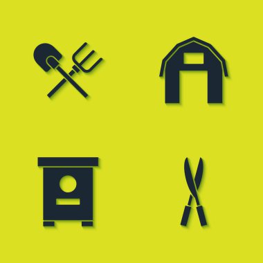 Kürek ve tırmık, bahçe yapımı makas, arılar için kovan ve çiftlik evi ikonu. Vektör.