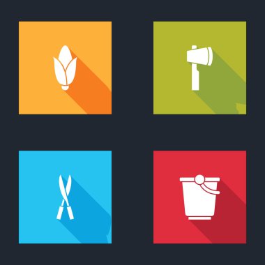 Mısır, tahta balta, bahçe yapımı el yapımı makas ve kova ikonu. Vektör.