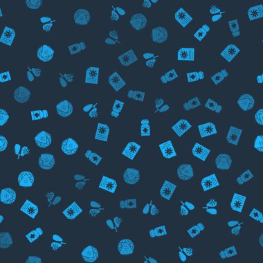 Virüs hücrelerini akciğere, panoya kan testi sonuçlarını, ilaç şişesini, hapları ve Dünya sağlık maskesini kusursuz bir şekilde yerleştir. Vektör.