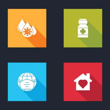 Kan testi, virüs, ilaç şişesi hapları, tıbbi maskeli Dünya ve ikonun içindeki House Heart. Vektör.