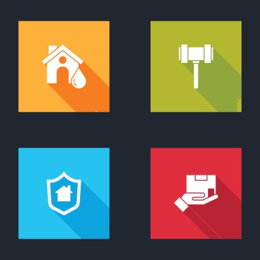 Evi sel bassın, Yargıç Tokmak, kalkan ve teslimat sigorta ikonu ile. Vektör.