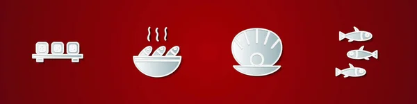 Sushi Auf Schneidebrett Fischsuppe Muschel Mit Perle Und Fischsymbol Vektor — Stockvektor