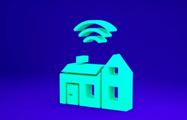 Mavi arkaplanda kablosuz simgesi olan Green Smart evi. Uzaktan kumanda. İnternet kavramının kablosuz bağlantısı. Minimalizm kavramı. 3d illüstrasyon 3B canlandırma