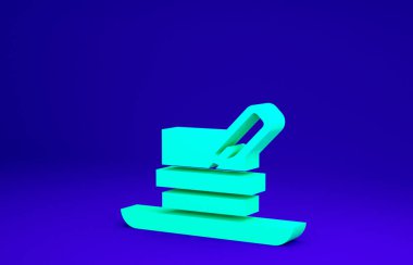 Mavi arka planda tüy ikonu olan yeşil avcı şapkası. Ekose kış şapkası. Minimalizm kavramı. 3d illüstrasyon 3B canlandırma