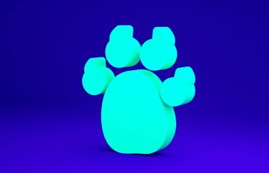 Mavi arkaplanda yeşil patili iz simgesi izole edildi. Köpek ya da kedi pençesi izi. Hayvan izleri. Minimalizm kavramı. 3d illüstrasyon 3B canlandırma