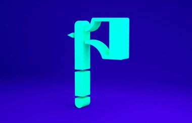 Mavi arkaplanda yeşil tahta balta simgesi var. Oduncu baltası. Minimalizm kavramı. 3d illüstrasyon 3B canlandırma