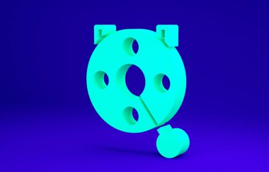 Mavi arka planda izole edilmiş balık ikonu için yeşil dönen makara. Balık bobini. Balık oltası. Minimalizm kavramı. 3d illüstrasyon 3B canlandırma