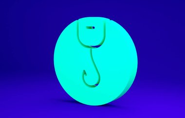 Mavi arkaplanda yeşil balık oltası simgesi izole edildi. Balık oltası. Minimalizm kavramı. 3d illüstrasyon 3B canlandırma