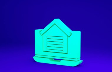 Laptop ikonundaki Green Online emlak evi mavi arka planda izole edilmiş. Ev kredisi konsepti, kira, satın alma, mülk alma. Minimalizm kavramı. 3d illüstrasyon 3B canlandırma