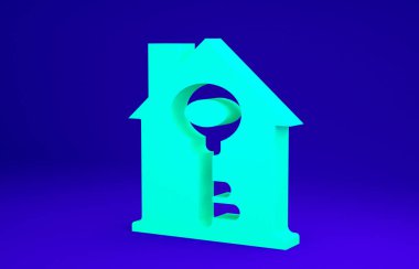 Mavi arkaplanda anahtar simgesine sahip bir sera. Ev anahtarının konsepti. Minimalizm kavramı. 3d illüstrasyon 3B canlandırma