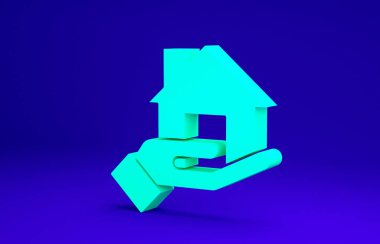 Yeşil emlakçı simgesi mavi arkaplanda izole edildi. Ev almak. Minimalizm kavramı. 3d illüstrasyon 3B canlandırma