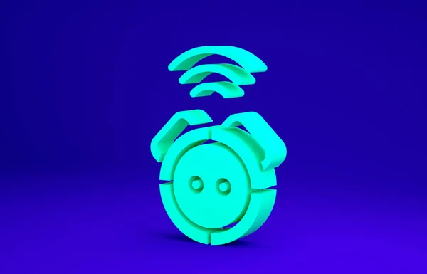 Green Robot aspirator pictograma izolat pe fundal albastru. Electrocasnice inteligente pentru aspirare automată, dispozitiv digital pentru curățarea casei. Conceptul de minimalism. 3d ilustrație 3D render — Fotografie, imagine de stoc
