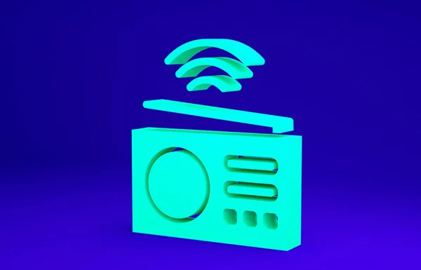 Green Smart radio system icon isolated on blue background. Internet of things concept with wireless connection. Minimalism concept. 3d illustration 3D render