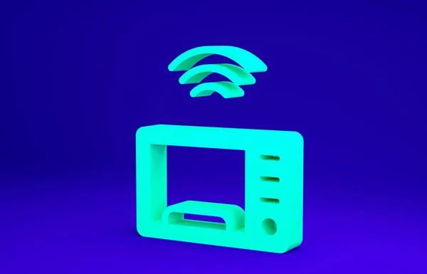 Green Smart mikrovlnná trouba systém ikona izolované na modrém pozadí. Ikona domácích spotřebičů. Internet věcí koncept s bezdrátovým připojením. Minimalismus. 3D ilustrace 3D vykreslení — Stock fotografie