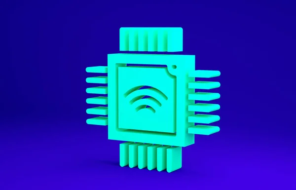Processador de computador verde com microcircuitos ícone CPU isolado em fundo azul. Chip ou cpu com placa de circuito. Micro processador. Conceito de minimalismo. 3D ilustração 3D render — Fotografia de Stock