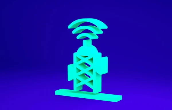 Green Wireless antenna icon isolated on blue background. Technology and network signal radio antenna. Minimalism concept. 3d illustration 3D render — Stock Photo, Image