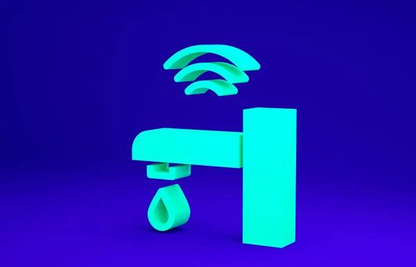 Green Smart water tap system icon isolated on blue background. Internet of things concept with wireless connection. Minimalism concept. 3d illustration 3D render